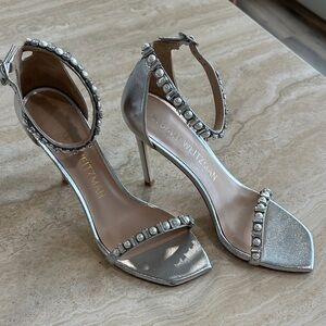 Stuart Weitzman Amelina Shine Silver Embellished Women's Heels